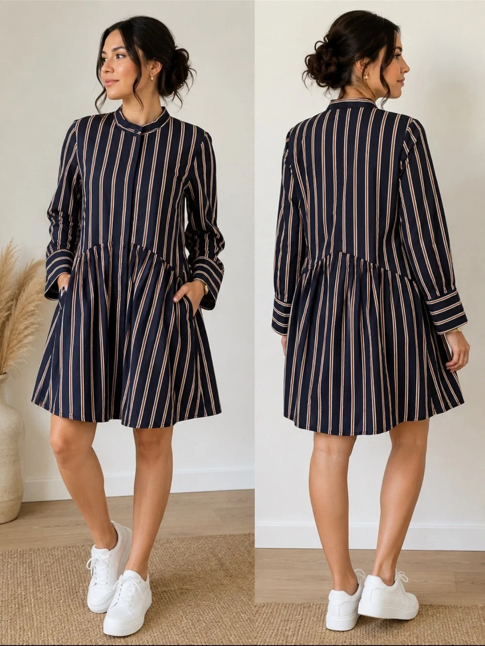 Tuckernuck Shirt Dress Long Sleeve Navy Brown Midi Drop Waist Women Size Large